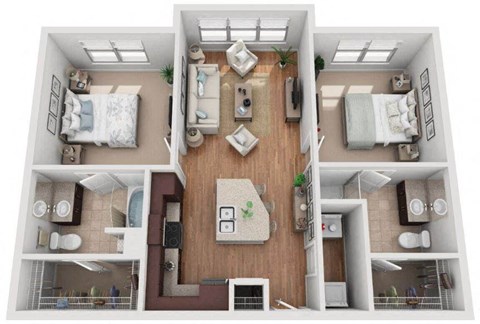 2 Bed 2 Bath Floor Plan | 988 Sq. Ft. at Mockingbird Flats Apartments in Dallas, TX